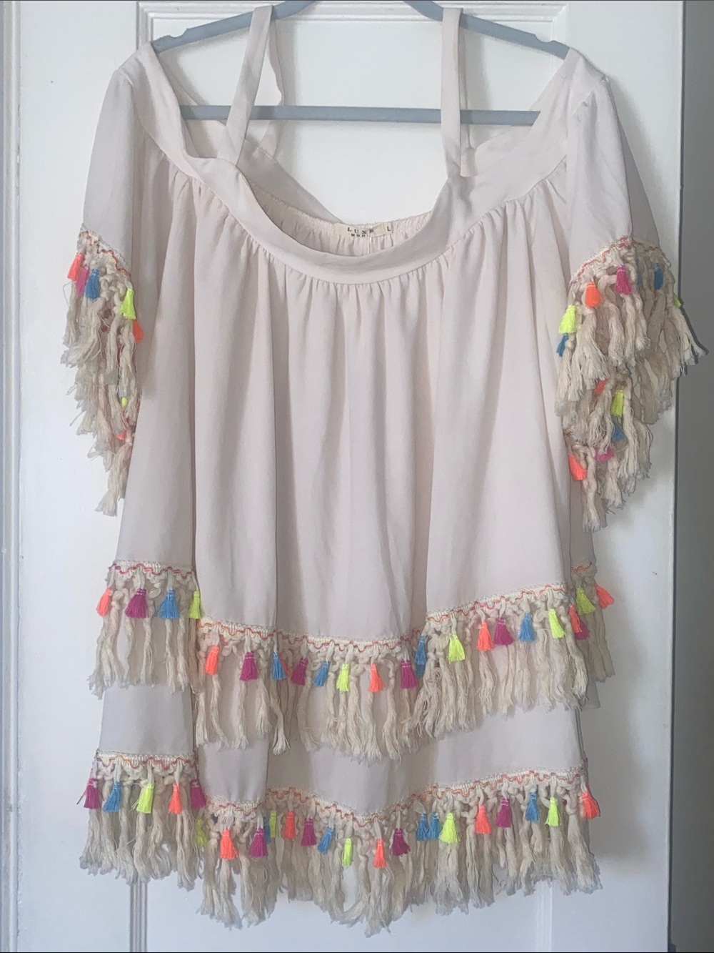 Luxe Moda Gorgeous Bohemian Cream Off-Shoulder Tassel Boho Tunic Size L